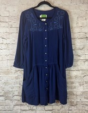 by Anthropologie Dubois Embroidered Pleated Tunic Dress Size 10 Navy Blue Button