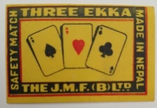 OLD MATCHBOX LABEL- THREE EKKA - THE J.M.F.(B) Ltd - MADE IN NEPAL