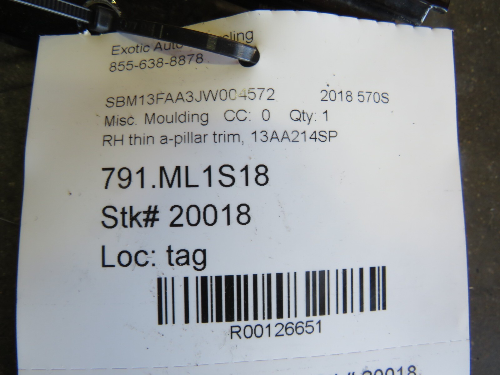 Mclaren 570S, RH, Right, Thin A-Pillar Trim, Used, P/N 13AA214SP