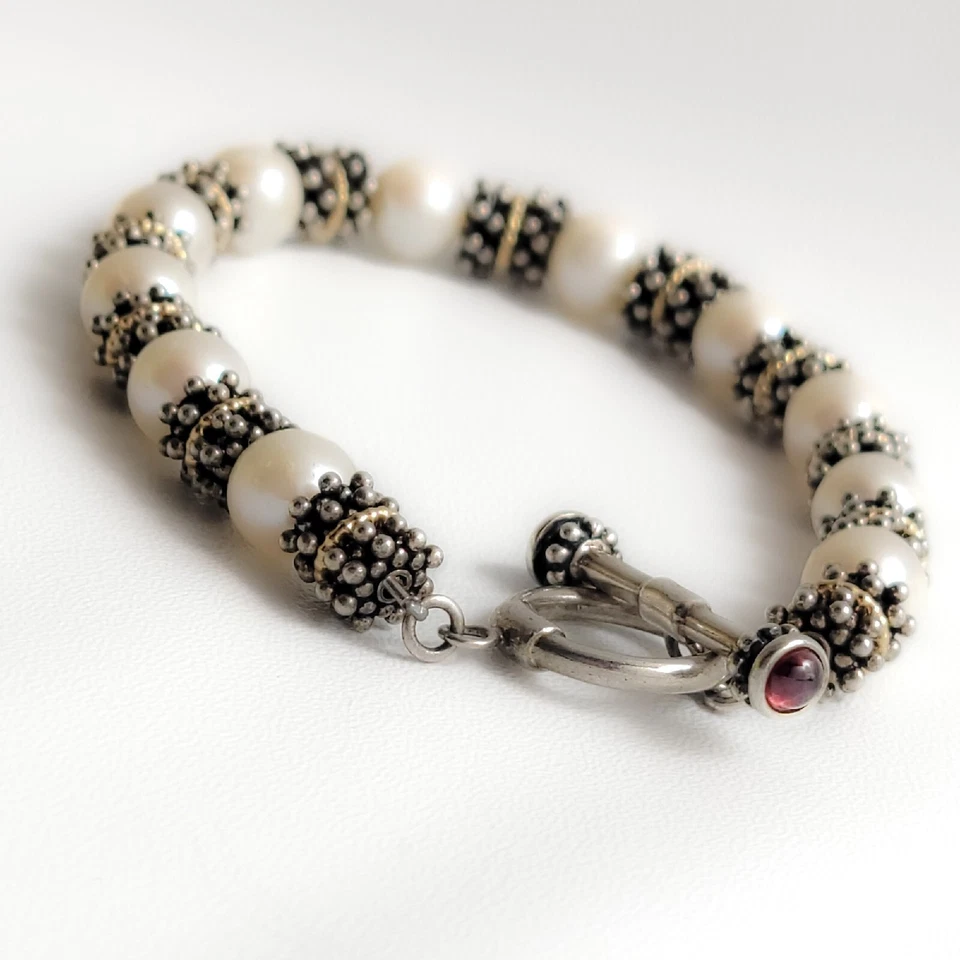 Браслет с жемчугом 14 карат и чистым серебром с гранатовыми акцентами 7,25 T&C подписанный винтажный - Изображение 2 из 4