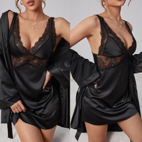 Women Sexy Lingerie Set Babydoll & Lace Satin Kimono Robe Chemise Nightgown US