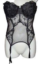 Victoria's Secret Black Lace Teddy Corset Bodysuit Garters Sheer Lingerie 36C