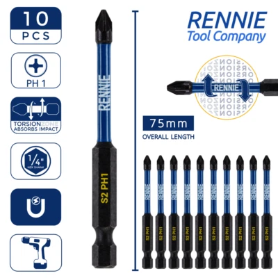 RENNIE TOOL COMAPNY 10 x PH1 75mm Long Magnetic Impact Duty Screwdriver Drill Driver Bits Phillips 1