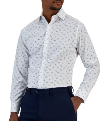 Bar III Men's Slim Fit Stretch  Paper Plane Dress Shirt White Navy 15-15.5 in M