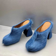 Women Fur Mules Shoes Platform Slippers Fashion High Chunky Heels Large Shoes