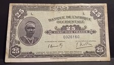 14 - 12 - 1942 French West Africa 25 Francs Banknote L 0326160 L