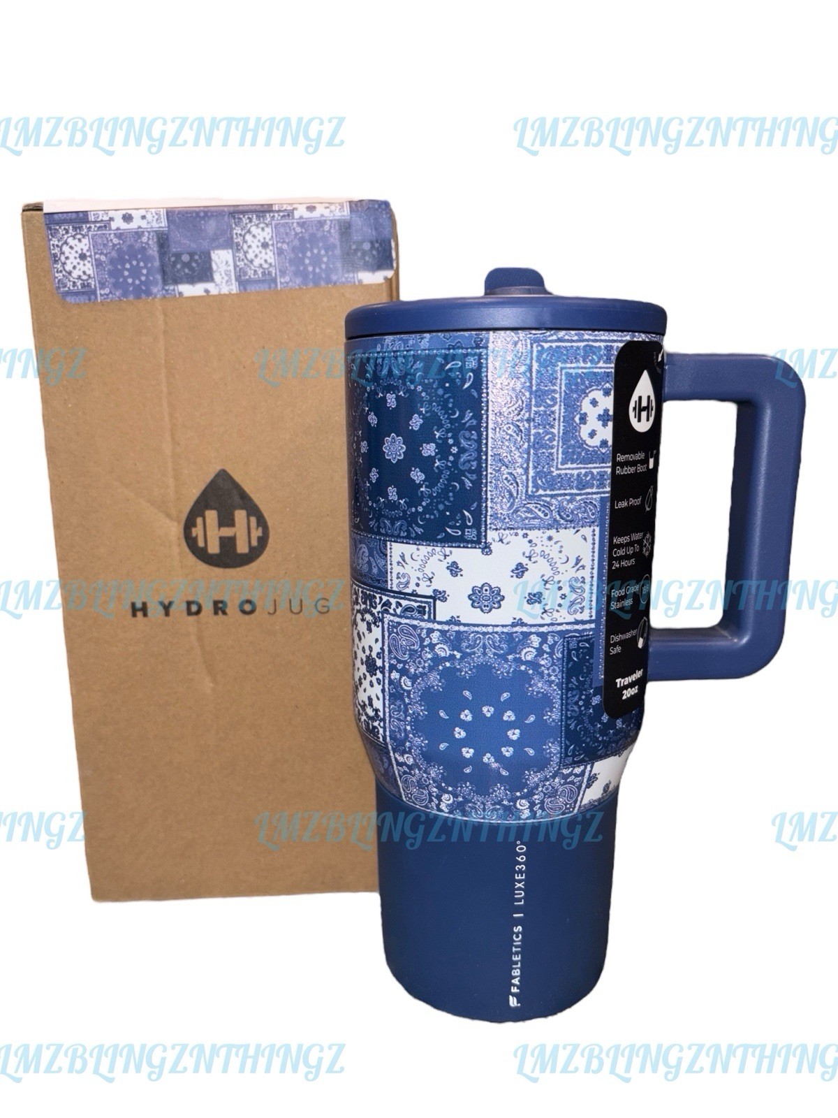 HydroJug x Fabletics LUXE360 Indigo Patchwork 20oz Traveler~BNWT&Box