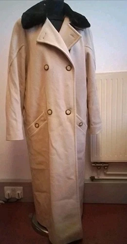 Lambert London Long Coat Beige Cashmere Wool Mix Detach Fur Collar 12 ❤️ CHARITY