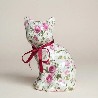 Vintage Baum Bros Formalities Porcelain Cat Figurine Pink Rose Green 7.5''