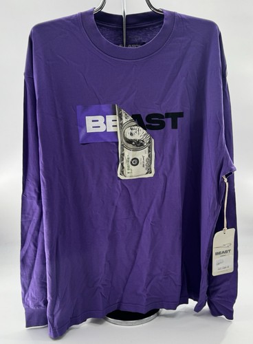 Mr Beast Merch Graphic Long Sleeve Shirt Dollar Bill Purple Size Large NEW Tee - Picture 1 of 8