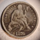1876 P Seated Liberty Dime 10C Cents Coin Silver, VG!, Damage