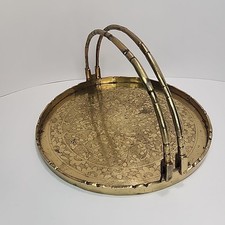 Vtg Chinese Brass Tray 10" Round 2 Bamboo Style Fold Up Handles Floral Engraving