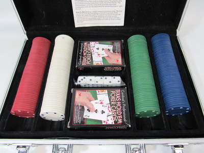 Cardinal's Poker Texas Hold 'Em Chips, Cards, Dice SET Metal Carrying Case