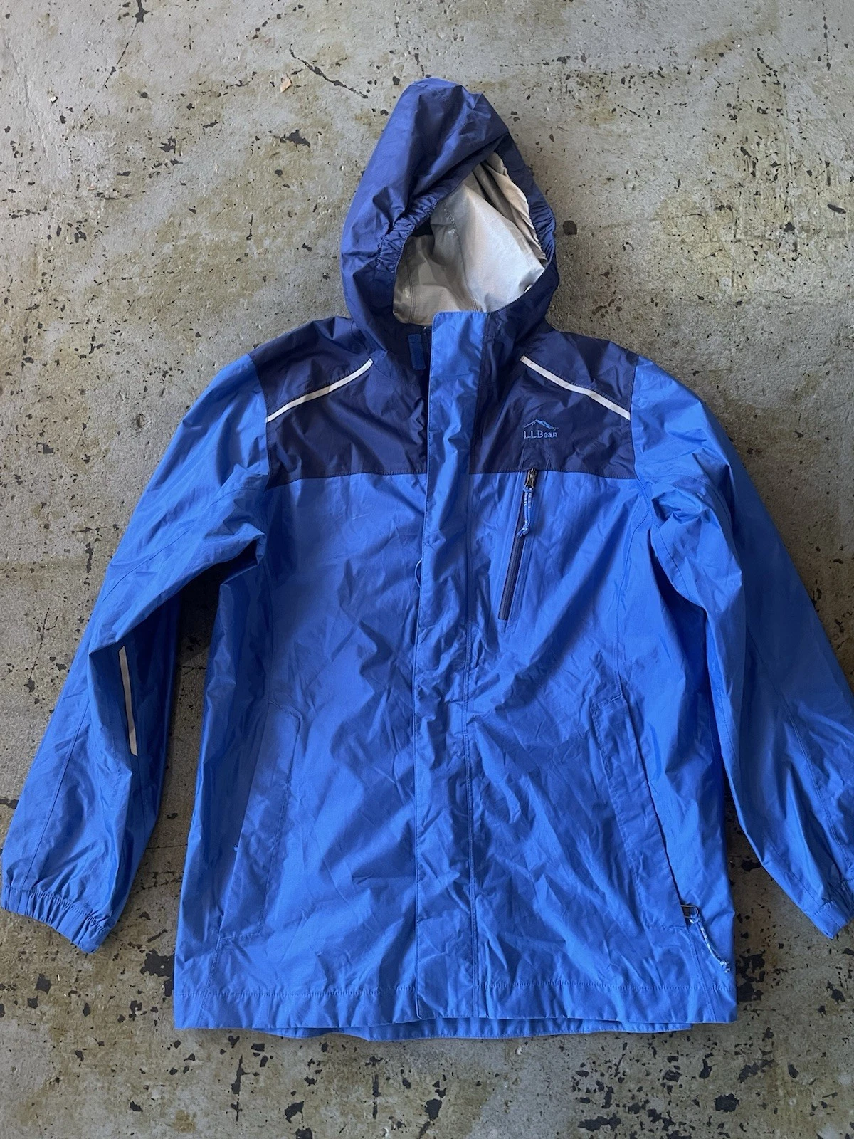 L.L.Bean Kids Trail Model Colorblock Hooded Rain Jacket in Blue/Gray Size Large