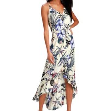LULUS APRIL BLUE TROPICAL SPAGHETTI STRAP VNECK RUFFLED DRESS S