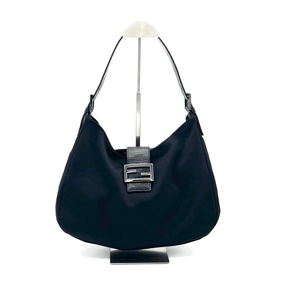 FENDI Mamma Baguette Jersey, Leather Black Shoulder Bag Dust Bag Vintage Auth
