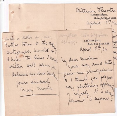 1894 Mary Moore 2p ALS 1p Autogramm Gedicht Kriterium Theater viktorianische Schauspielerin