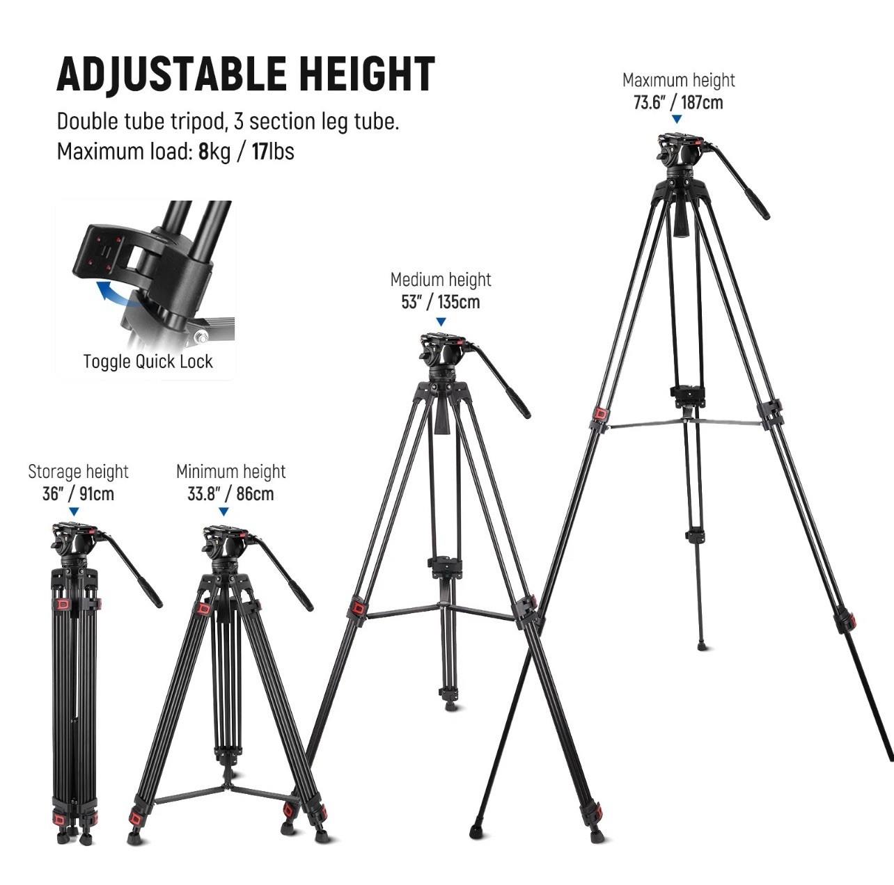 NEEWER TP74D 74" Video Tripod w/Fluid Head, QR Plate, 17.6lb Load