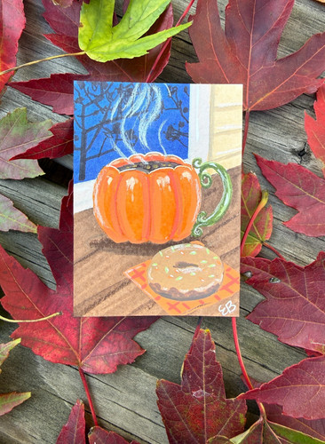 Original ACEO Mixed Media Painting "Coffee and Donut" Mini Art 2.5 x 3.5