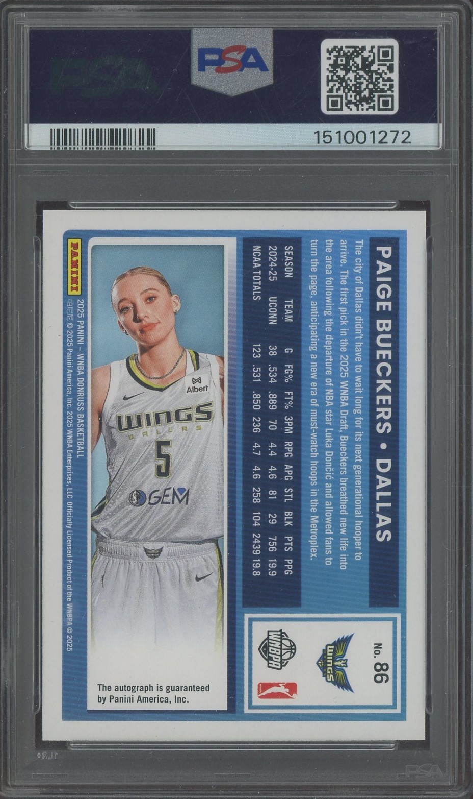 2025 Donruss WNBA #86 Paige Bueckers RC Rookie AUTO PSA 10 GEM MINT view 2