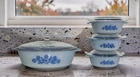 Anchor Hocking Fire-King Milk Glass 4-Pc Casserole Set 3x472 Blue Inside VTG