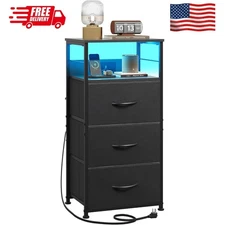 LED Nightstand with Charging Station, Black Night Stand with 3 Fabric Drawers