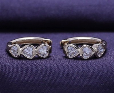 3/5 Ct 3 Stone Hoop Earrings Heart Lab Grown Diamond in 14K Yellow Gold