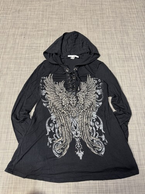 #ad #ad Y2K Shiny Wings Woman’s Thin Hooded Long Sleeve Black Size S Emo Goth $18.00