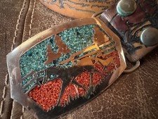 Inlaid Turquoise Coral Belt Buckle Handmade Women Leather Belt 34"
