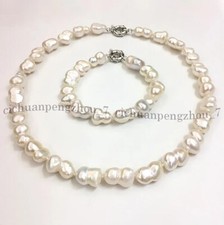 Natural 10x15mm White Freshwater Baroque Double Pearl Necklace Bracelet Set