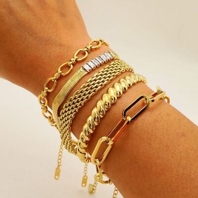 Woman 18k Gold Plated Rolo Link Simulated CZ Snake Chain Mesh