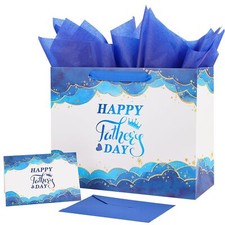 12.6" Large Happy Father's Day Gift Bag with Card and Tissue PaperBlue and White