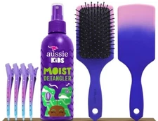 Aussie Kids Moist Detangling Spray Paddle Brush Sectioning Clips All Hair Types