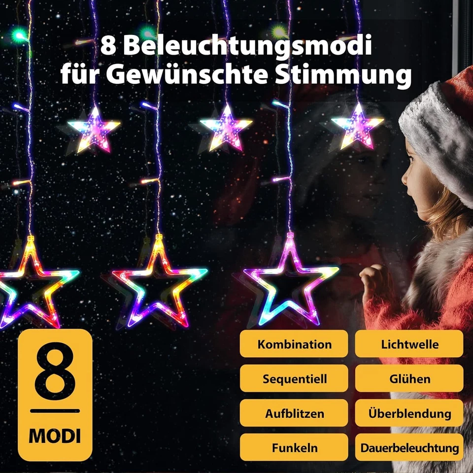 LED Lichterkette Fenster Sterne Lichtervorhang Innen Außen Weihnacht Deko 8 modi - Bild 3 von 4