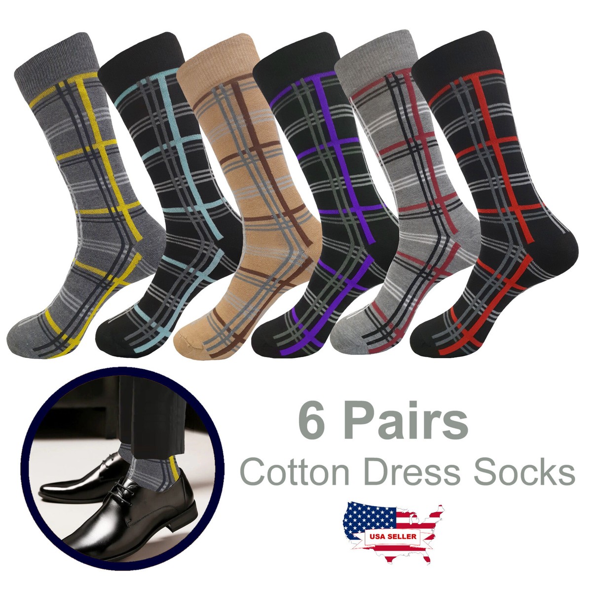 6 PAIR PLAID PATTERN COTTON MULTICOLOR FIRST QUALITY MEN'S DRESS SOCKS 10-13