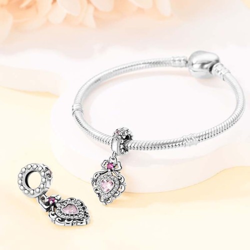 KUNSIR 925 Sterling Silver Full Pave Heart Charm with Pink CZ Heart Dangle Charm - Picture 5 of 5