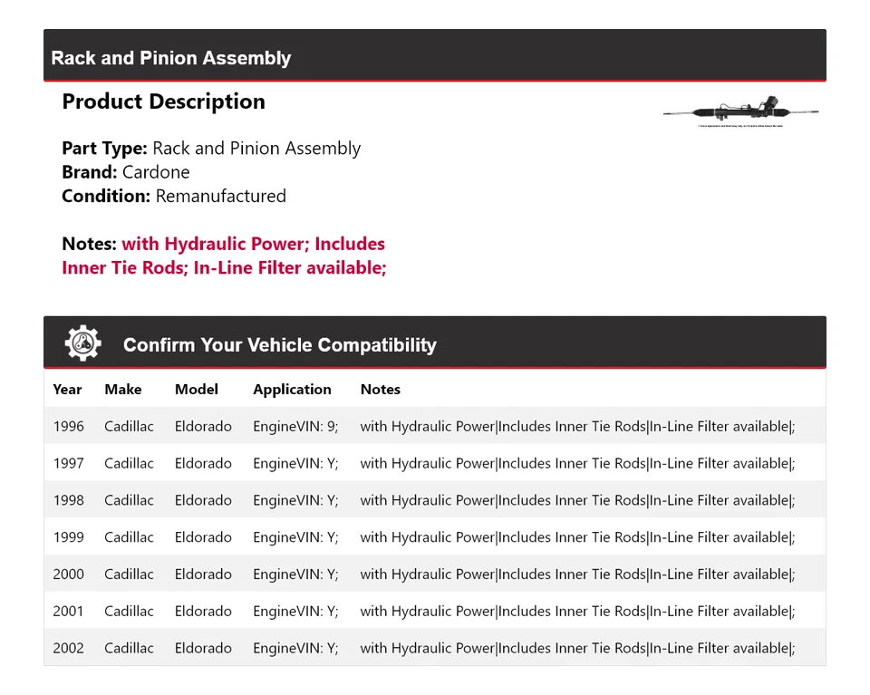 Montaje de piñón y cremallera Cardone 1997 1998 1999 para Cadillac Eldorado 1996-2002 Foto 2 de 4