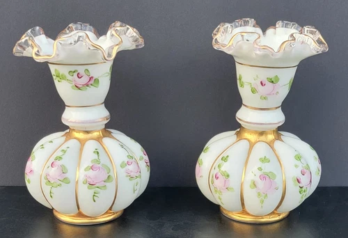 2 Fenton Silver Crest Charleton Melon Vases with Hand Painted Roses & Gold Trim