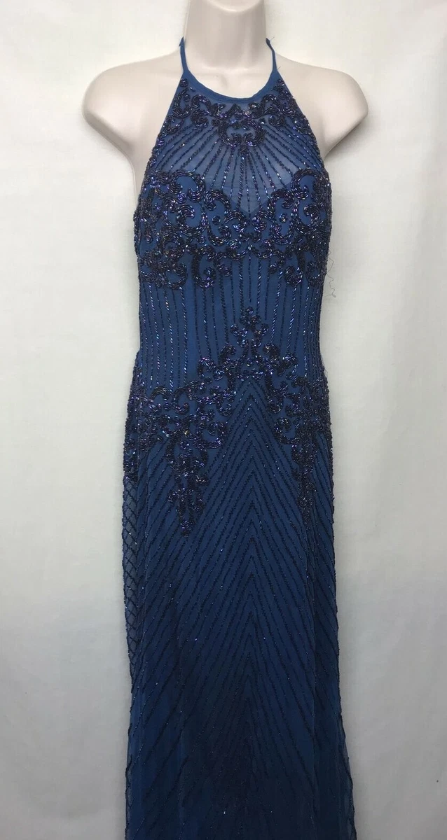Sherri Hill 52368 Beaded Halter Fitted Sleeveless Long Blue