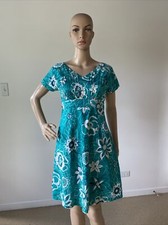 Teal Blue  White Floral Print Fit  Flare Dress Lightweight Knee Length S / XS