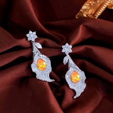 Luxury Flower Earrings Drop Dangle Long Zircon Silver Plated Bridal Jewelry Gift