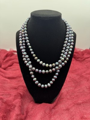 Vintage Blue Fresh Water Pearl Triple Strand Necklace Silver-tone Clasp