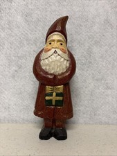 Vintage Santa Claus Folk Art Wood Carved Santa Holding Present Sparkles 8.5