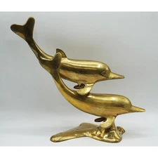 MCM Mid Century Brass Swimming Dolphins Large 12-1/2"