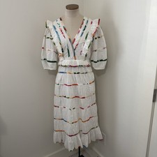 FARM RIO Small Mixed Off White Prints Midi DRESS Tiered Rainbow Boho Vacation