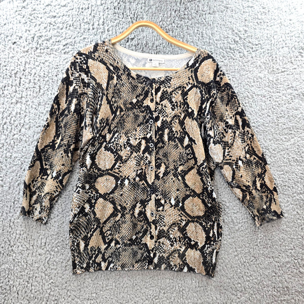 Rockmans Womens Cardigan Top Size M Beige Black Animal Print Knit 3/4 Sleeve