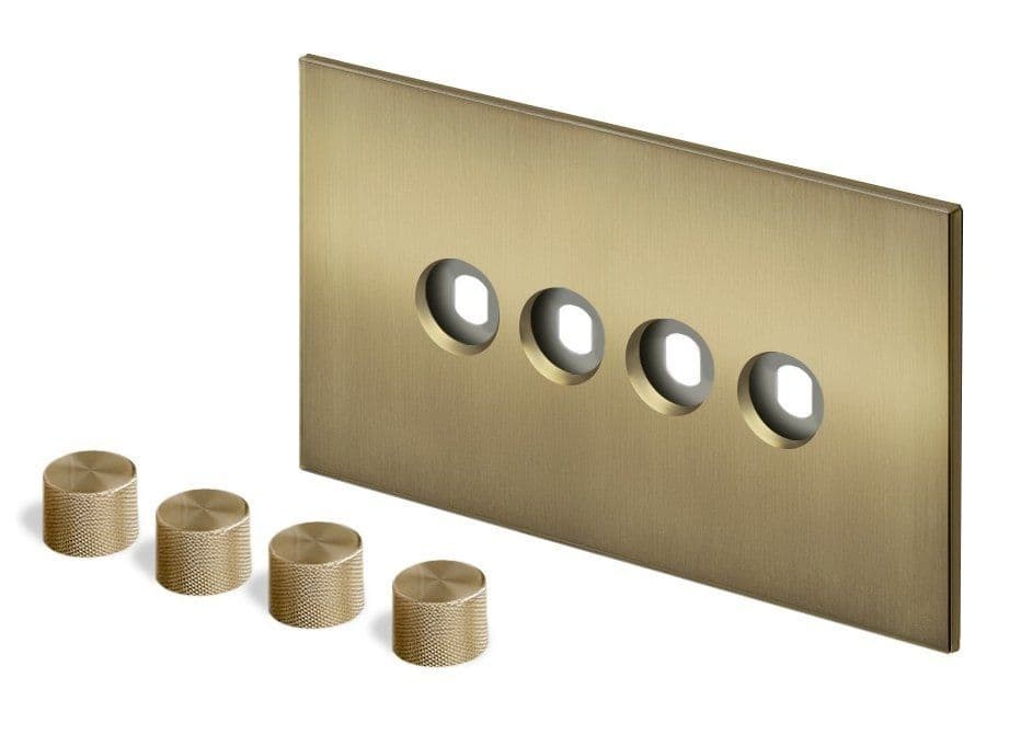 Retrotouch Aura Dimmer Plate 4 Gang with Brass Knobs - Brushed Brass