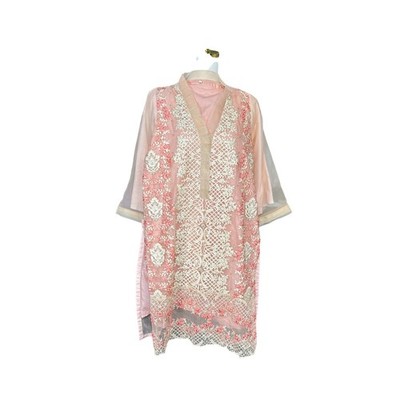 Pink Embroidered Organza Kurti Tunic Floral Pearl Embellished Sheer Sleeve 38