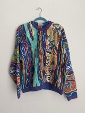 Vintage Coogi 3D Knit Sweater Med Bright Colors Musical Faces Cotton Rare FLAWS