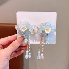 2Pcs Vintage Chinese Hanfu Blue Flower Hair Clips,Decorative Hair-Clips Tassel